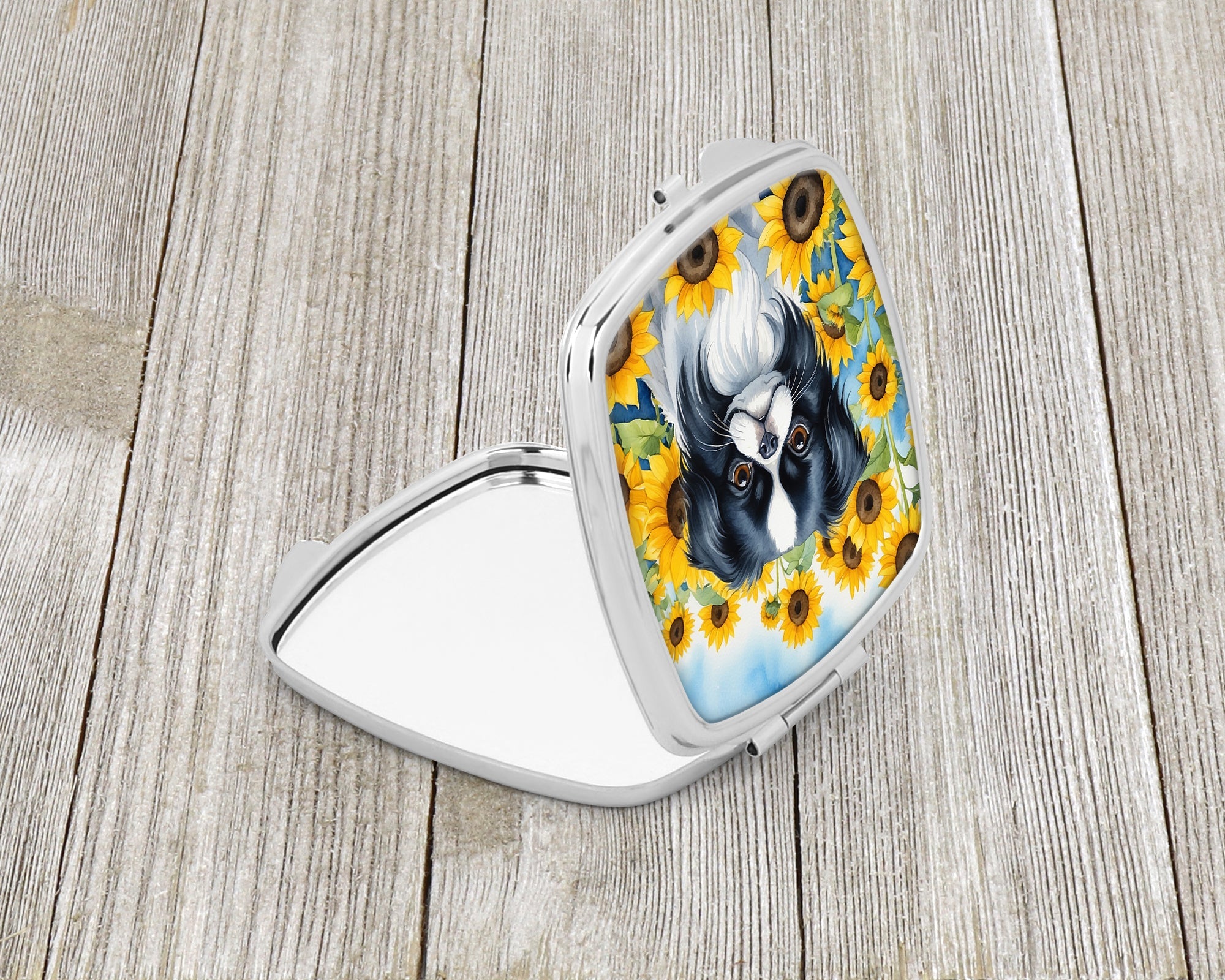Japanese Chin in Sunflowers Compact Mirror Decorative Travel Makeup Mirror for Women Girls Gifts Pocket Makeup Mirror Folding Handheld
