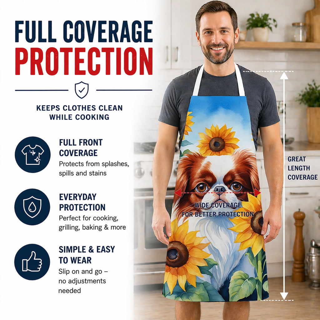 Japanese Chin in Sunflowers Apron Cooking Kitchen Server Baking Crafts Gardening for Adult Women Men, Unisex, Large, Multicolor