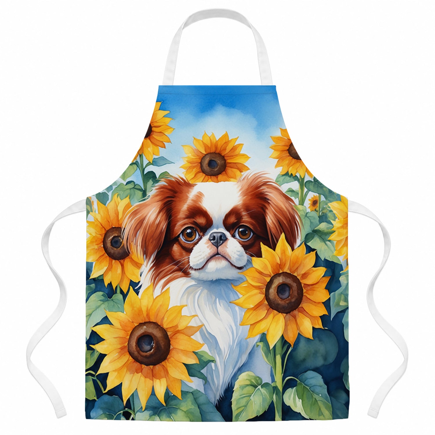 Japanese Chin in Sunflowers Apron Cooking Kitchen Server Baking Crafts Gardening for Adult Women Men, Unisex, Large, Multicolor
