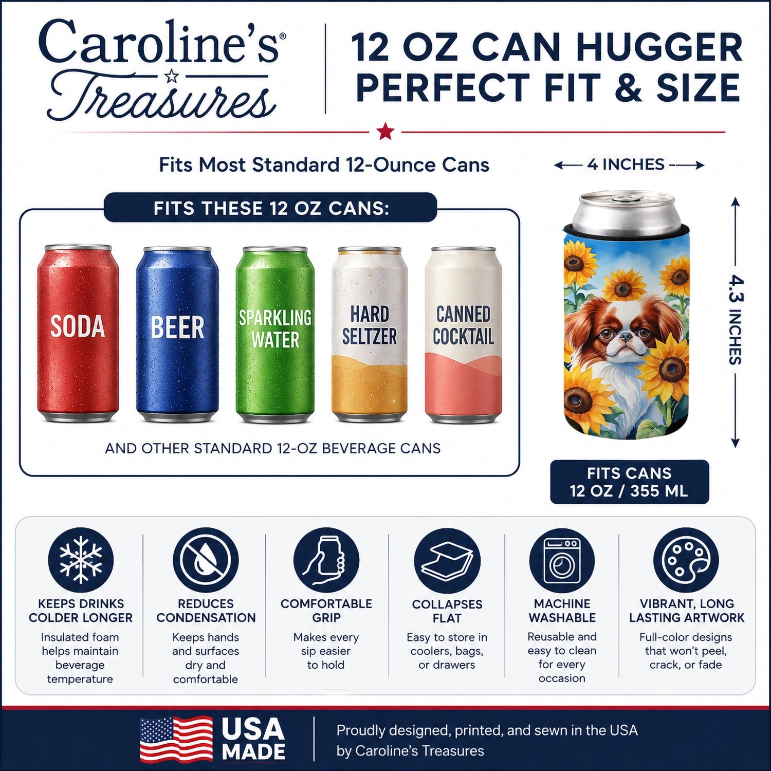 Japanese Chin in Sunflowers Can or Bottle Hugger Cooler Sleeve for Standard 12 oz Cans, Insulated Foam Beer & Soda Can Hugger Reusable