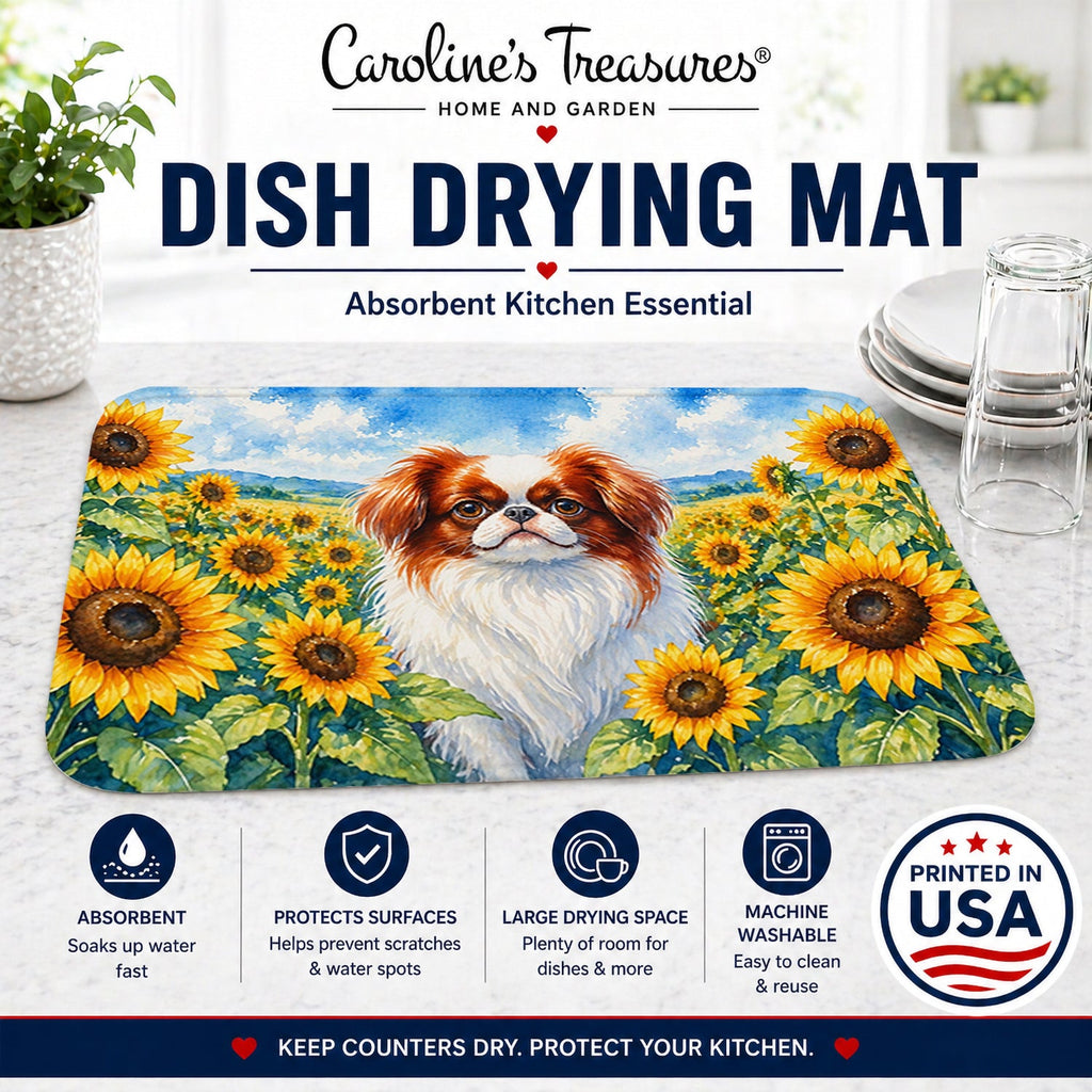 Japanese Chin in Sunflowers Dish Drying Mat Absorbent Dish Drying Mat Pad for Kitchen Counter Dish Drainer Mat for Countertop, 14 x 21", Multicolor