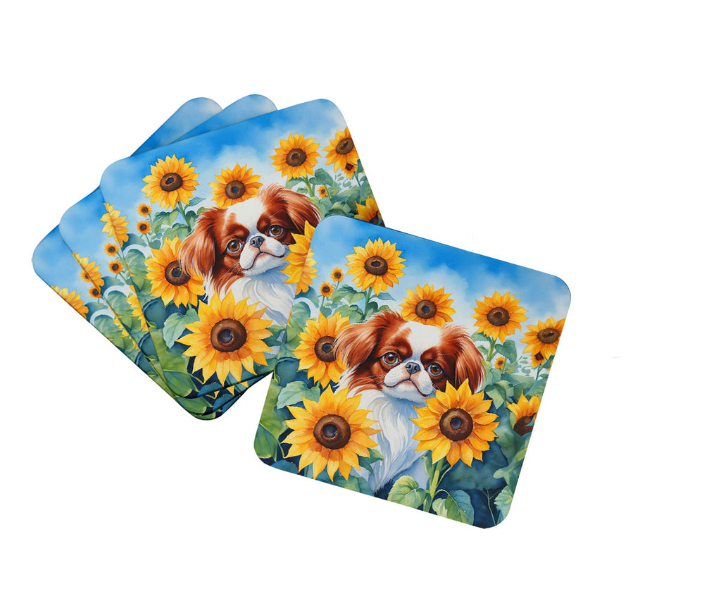 Japanese Chin in Sunflowers Foam Coasters Set of 4 Cup Coasters for Indoor Outdoor, Tabletop Protection, Anti Slip, Mouse pad Material