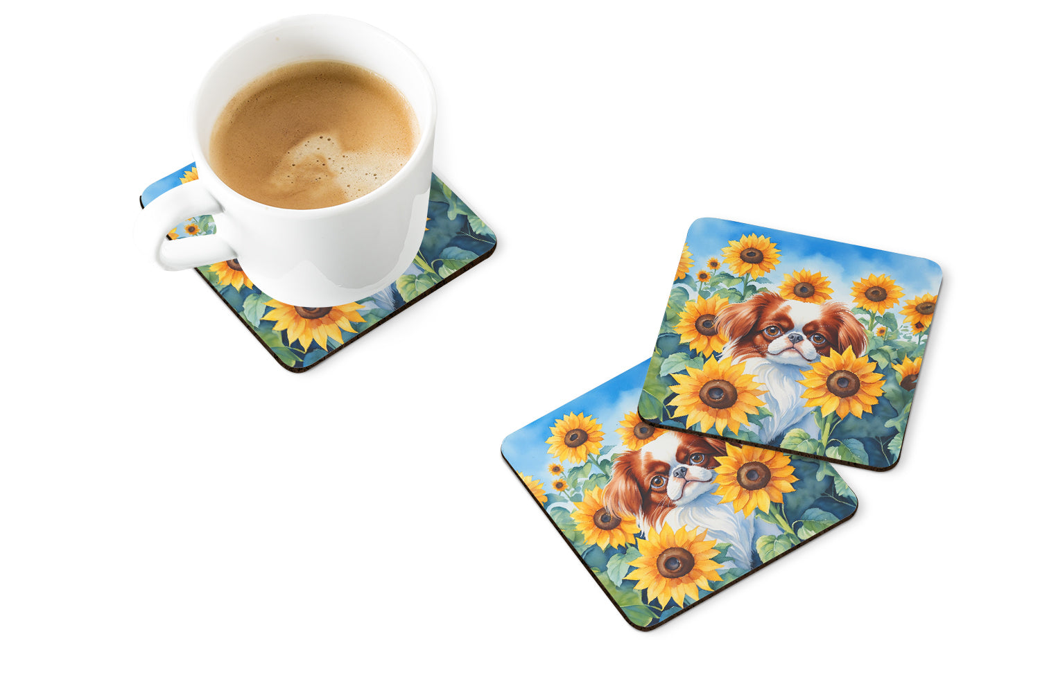 Japanese Chin in Sunflowers Foam Coasters Set of 4 Cup Coasters for Indoor Outdoor, Tabletop Protection, Anti Slip, Mouse pad Material