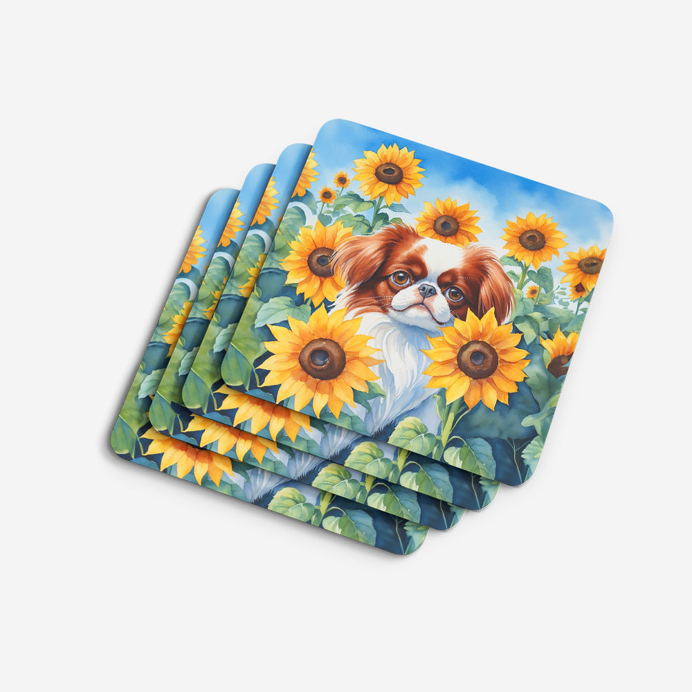 Japanese Chin in Sunflowers Foam Coasters Set of 4 Cup Coasters for Indoor Outdoor, Tabletop Protection, Anti Slip, Mouse pad Material
