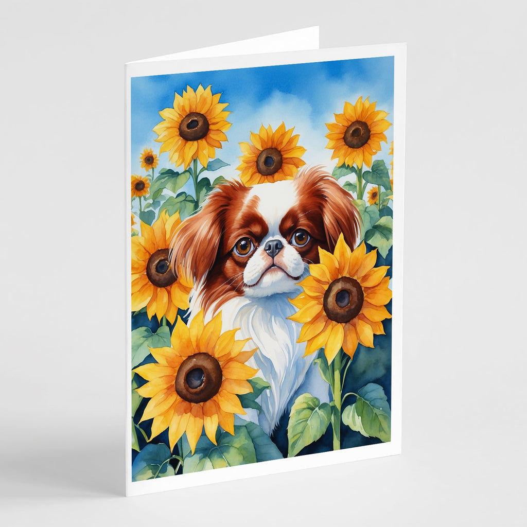 Japanese Chin in Sunflowers Greeting Cards Pack of 8 Blank Cards with Envelopes Whimsical A7 Size 5x7