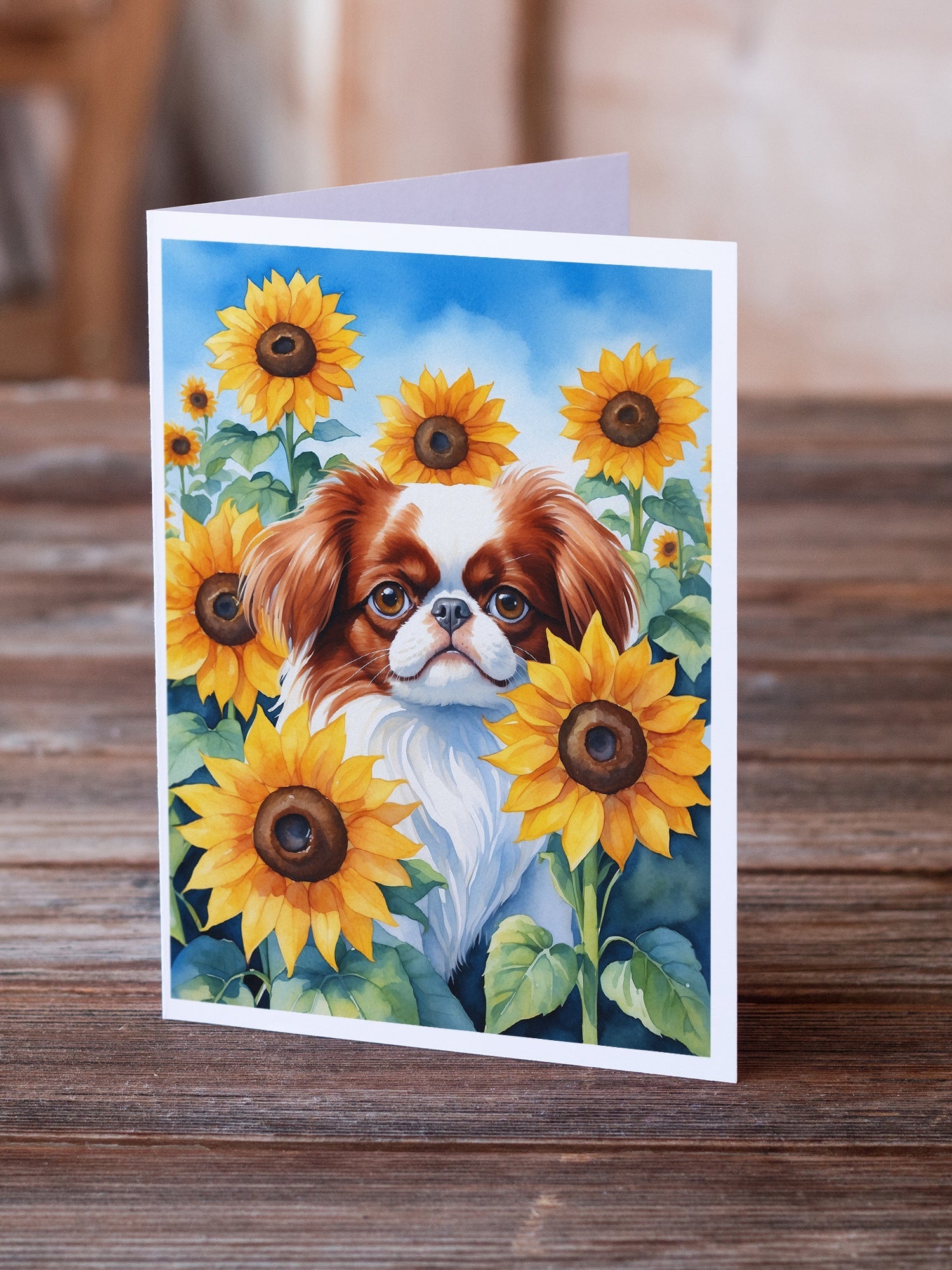Japanese Chin in Sunflowers Greeting Cards Pack of 8 Blank Cards with Envelopes Whimsical A7 Size 5x7