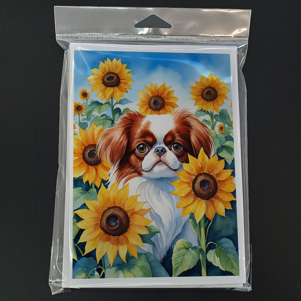 Japanese Chin in Sunflowers Greeting Cards Pack of 8 Blank Cards with Envelopes Whimsical A7 Size 5x7