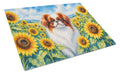 Japanese Chin in Sunflowers Cutting Board Tempered Glass Kitchen Cutting Surface, Heat Resistant Chopping Board with Non-Slip Feet, Decorative Food Prep & Serving