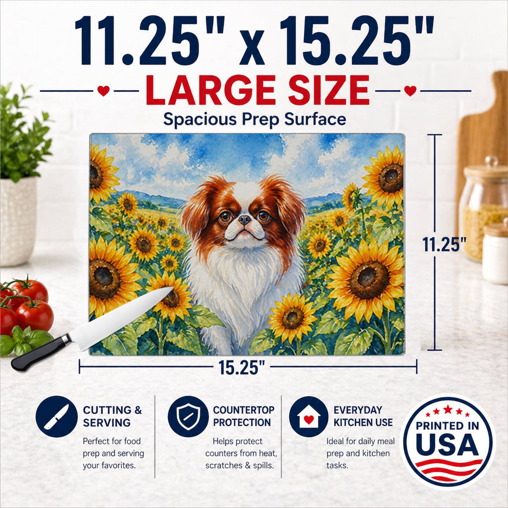 Japanese Chin in Sunflowers Cutting Board Tempered Glass Kitchen Cutting Surface, Heat Resistant Chopping Board with Non-Slip Feet, Decorative Food Prep & Serving