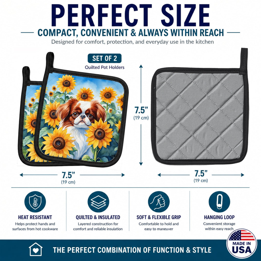 Japanese Chin in Sunflowers Pot Holder Set of 2 Heat Resistant Quilted Hot Pads 7.5 x 7.5 Inch, Insulated Kitchen Trivets for Cooking & Baking
