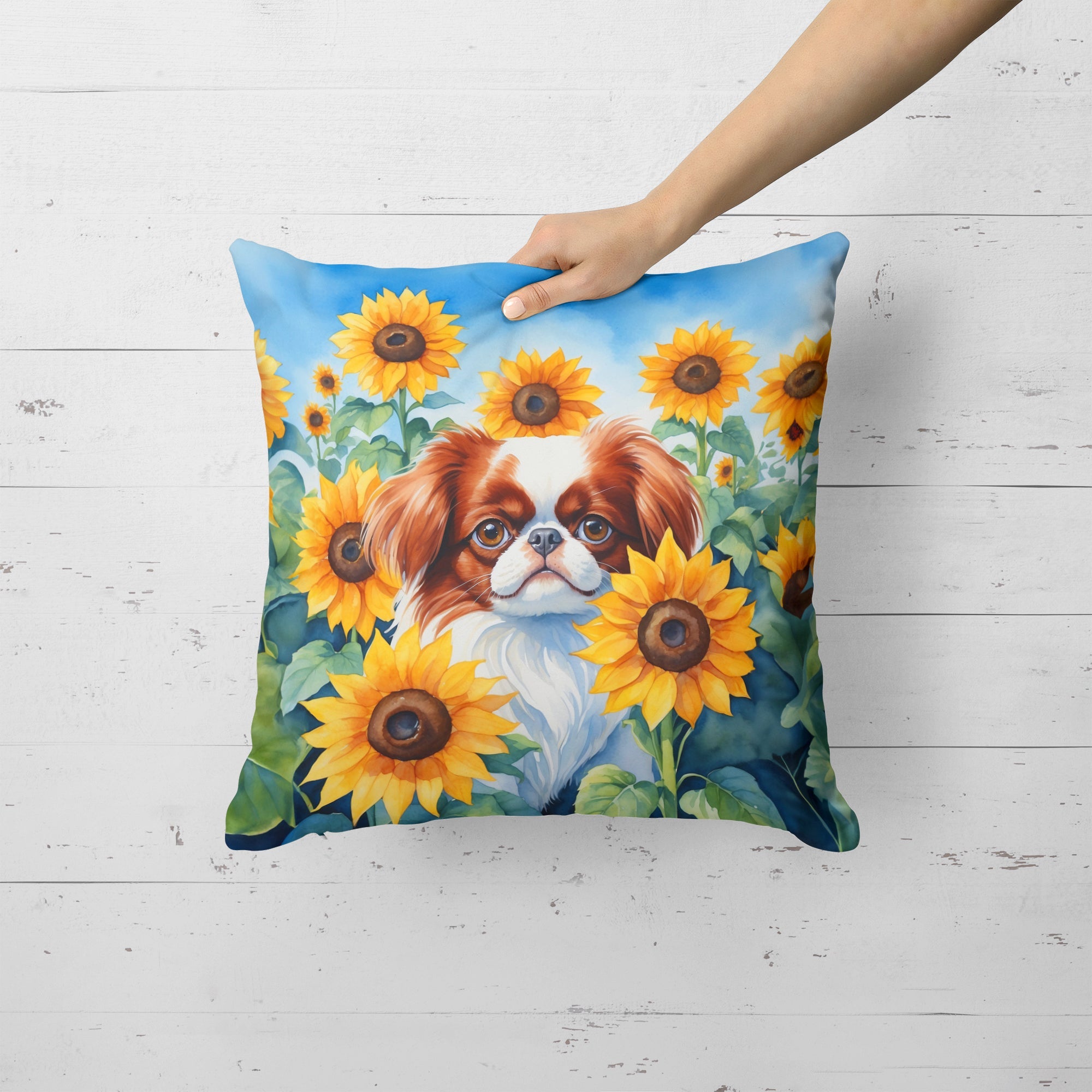 Japanese Chin in Sunflowers Decorative Throw Pillow 18x18 Indoor Outdoor Accent Cushion, Fabric Cover with Insert for Sofa, Bed, Porch & Living Room