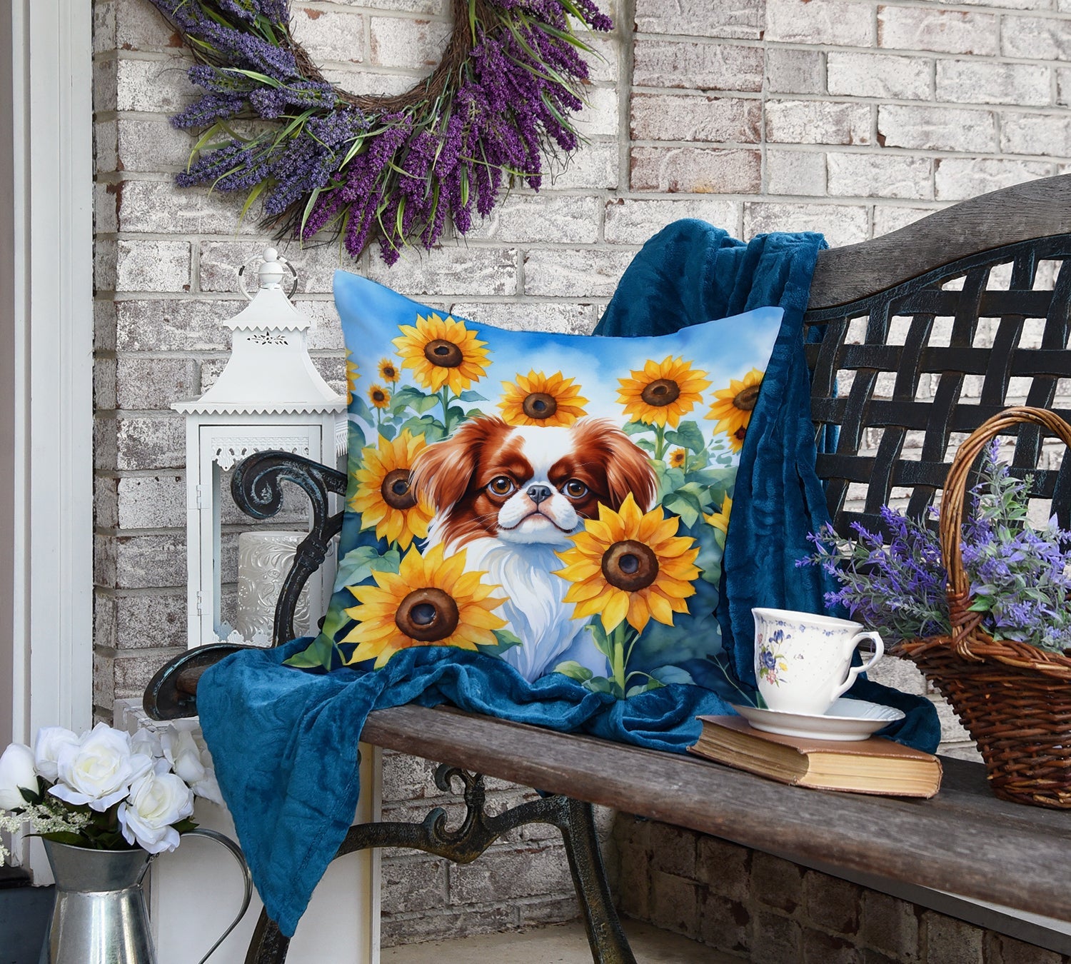 Japanese Chin in Sunflowers Decorative Throw Pillow 18x18 Indoor Outdoor Accent Cushion, Fabric Cover with Insert for Sofa, Bed, Porch & Living Room