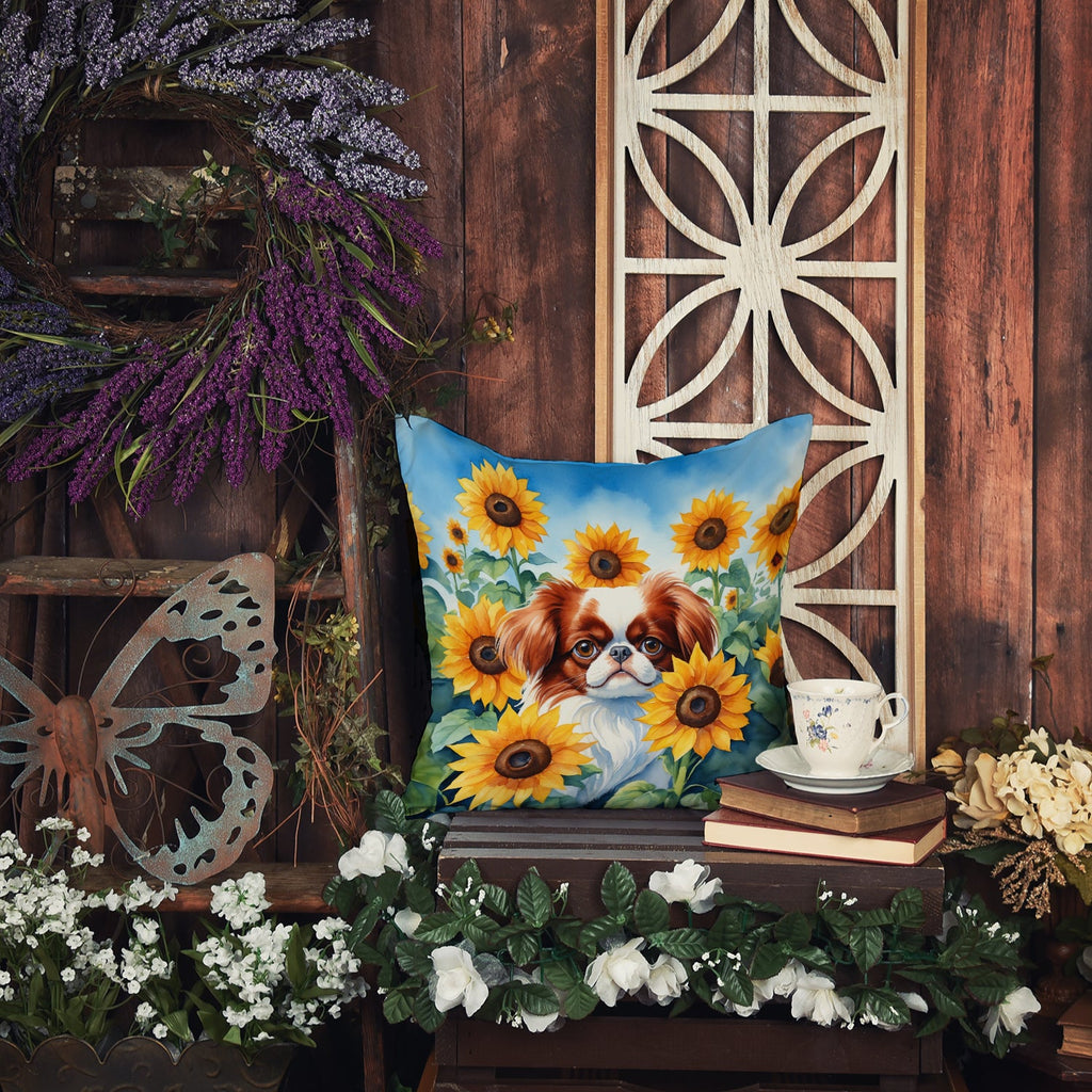 Japanese Chin in Sunflowers Decorative Throw Pillow 18x18 Indoor Outdoor Accent Cushion, Fabric Cover with Insert for Sofa, Bed, Porch & Living Room