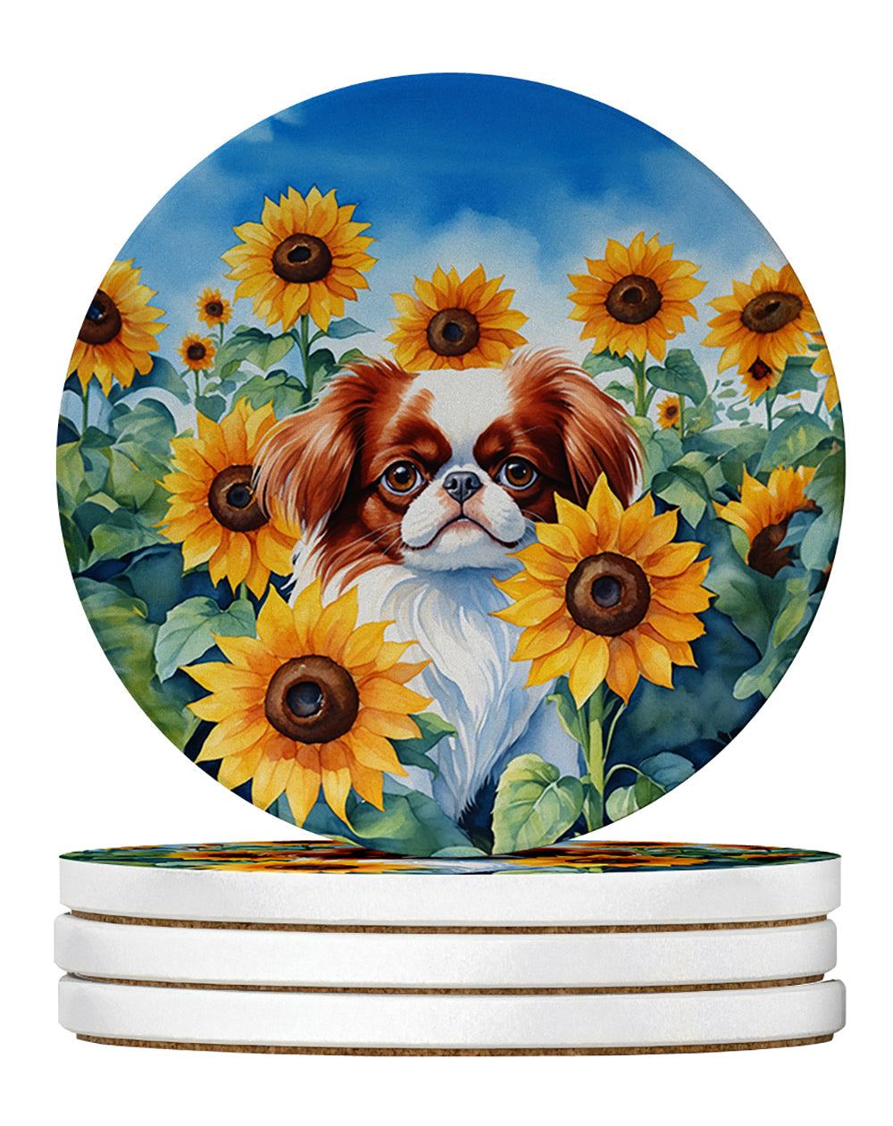 Japanese Chin in Sunflowers Large Sandstone Coasters Pack of 4 Absorbent Round Coasters Decor Gifts for Men or Women, 4 in, Multicolor