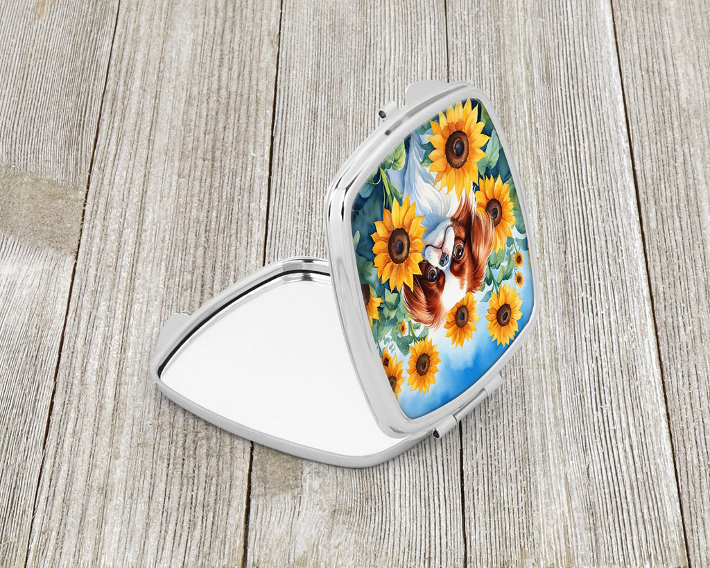 Japanese Chin in Sunflowers Compact Mirror Decorative Travel Makeup Mirror for Women Girls Gifts Pocket Makeup Mirror Folding Handheld