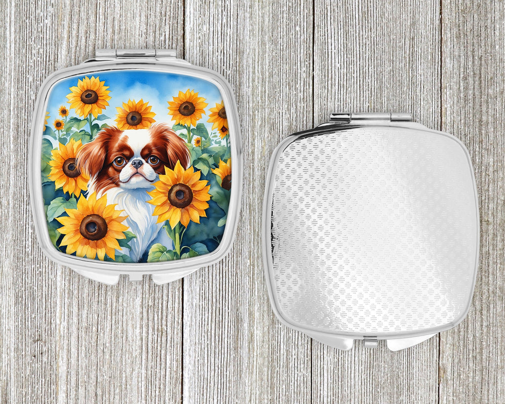 Japanese Chin in Sunflowers Compact Mirror Decorative Travel Makeup Mirror for Women Girls Gifts Pocket Makeup Mirror Folding Handheld