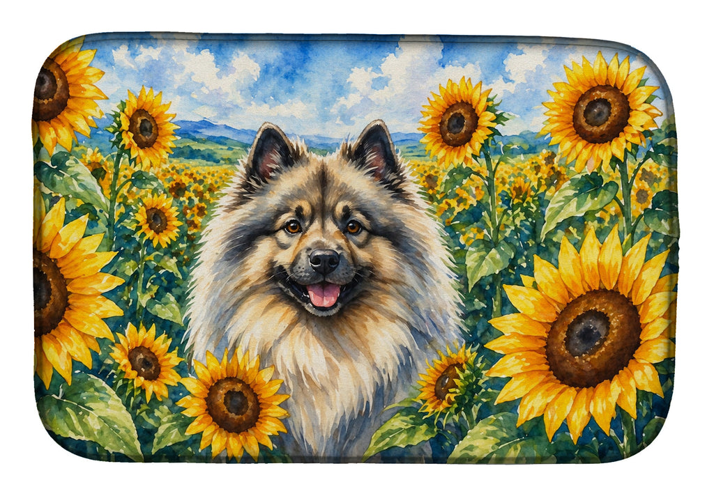 Keeshond in Sunflowers Dish Drying Mat Absorbent Dish Drying Mat Pad for Kitchen Counter Dish Drainer Mat for Countertop, 14 x 21", Multicolor