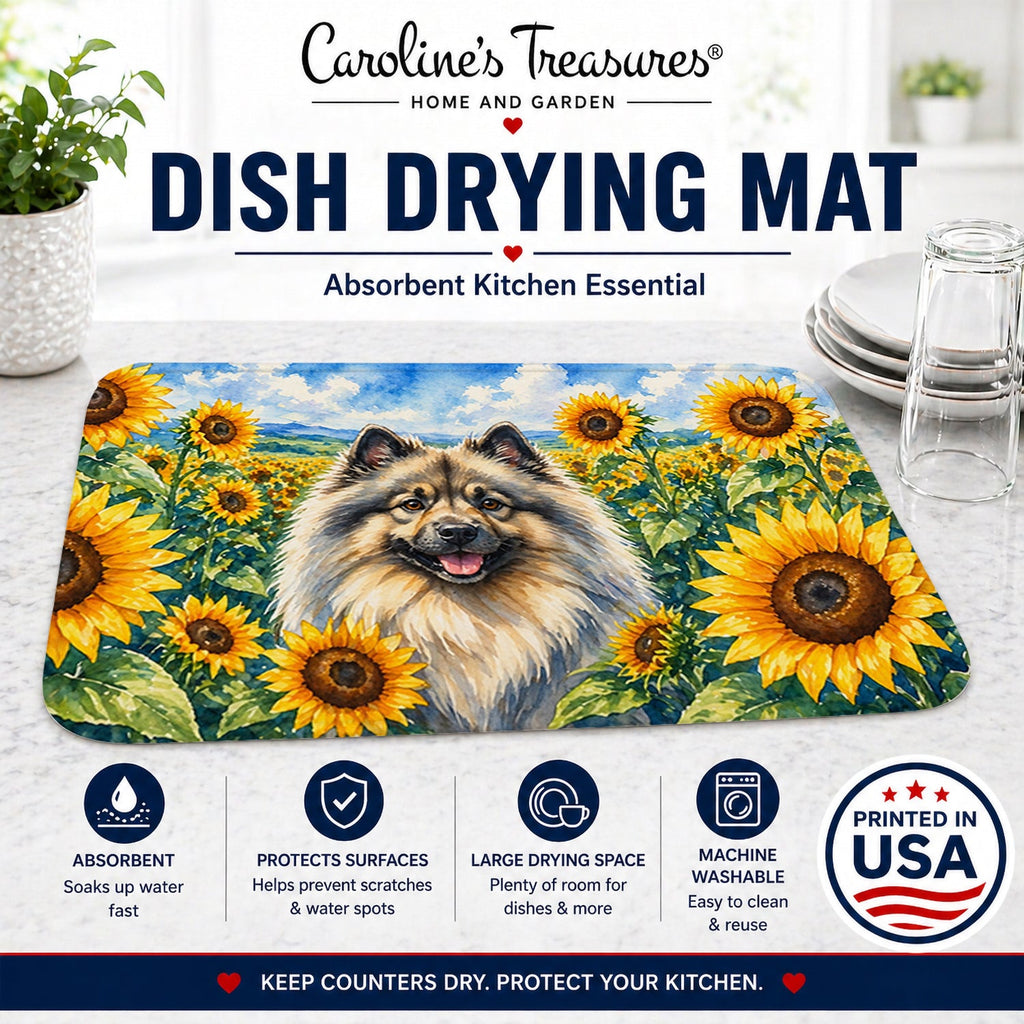 Keeshond in Sunflowers Dish Drying Mat Absorbent Dish Drying Mat Pad for Kitchen Counter Dish Drainer Mat for Countertop, 14 x 21", Multicolor