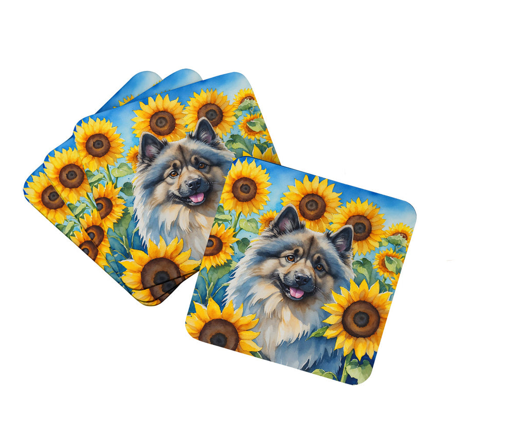 Keeshond in Sunflowers Foam Coasters Set of 4 Cup Coasters for Indoor Outdoor, Tabletop Protection, Anti Slip, Mouse pad Material