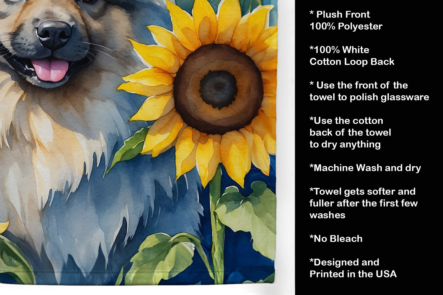 Keeshond in Sunflowers Kitchen Towel Velour Plush Front and Cotton Loop Back Machine Washable