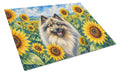 Keeshond in Sunflowers Cutting Board Tempered Glass Kitchen Cutting Surface, Heat Resistant Chopping Board with Non-Slip Feet, Decorative Food Prep & Serving