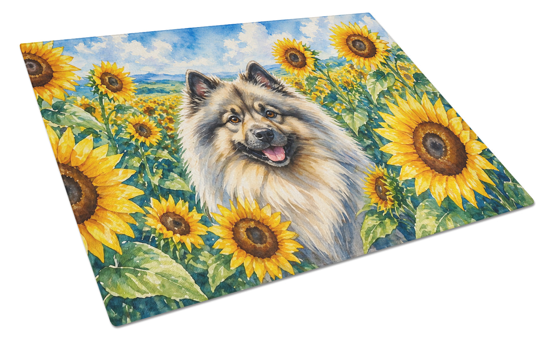 Keeshond in Sunflowers Cutting Board Tempered Glass Kitchen Cutting Surface, Heat Resistant Chopping Board with Non-Slip Feet, Decorative Food Prep & Serving
