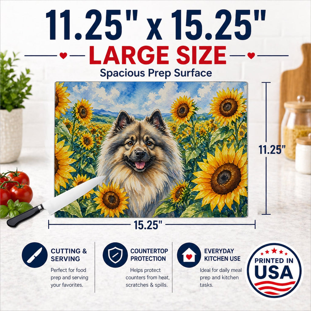 Keeshond in Sunflowers Cutting Board Tempered Glass Kitchen Cutting Surface, Heat Resistant Chopping Board with Non-Slip Feet, Decorative Food Prep & Serving
