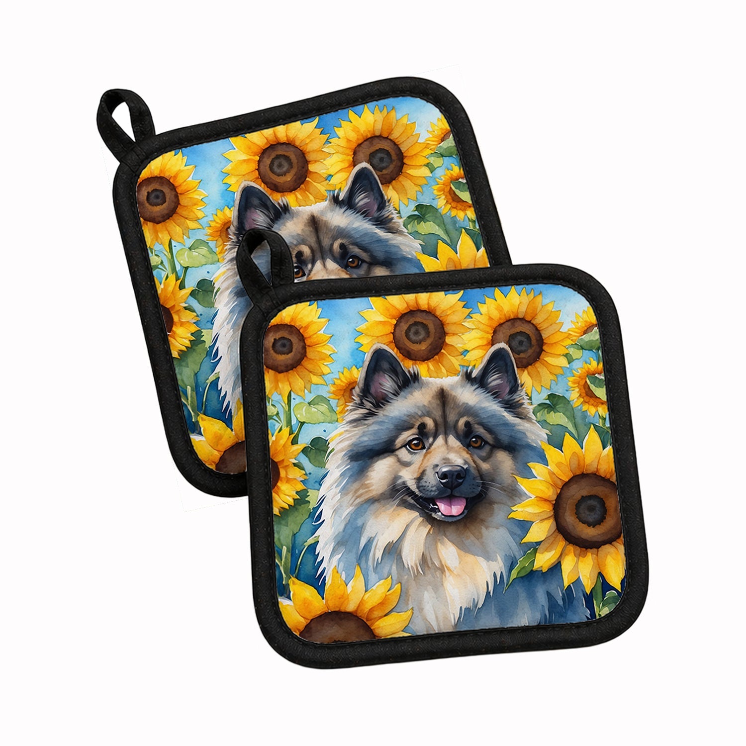 Keeshond in Sunflowers Pot Holder Set of 2 Heat Resistant Quilted Hot Pads 7.5 x 7.5 Inch, Insulated Kitchen Trivets for Cooking & Baking