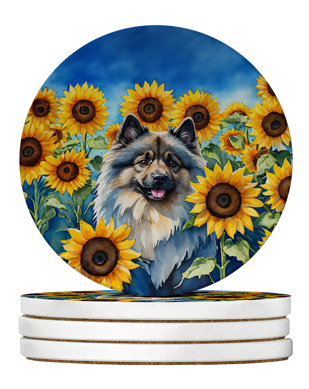 Keeshond in Sunflowers Large Sandstone Coasters Pack of 4 Absorbent Round Coasters Decor Gifts for Men or Women, 4 in, Multicolor
