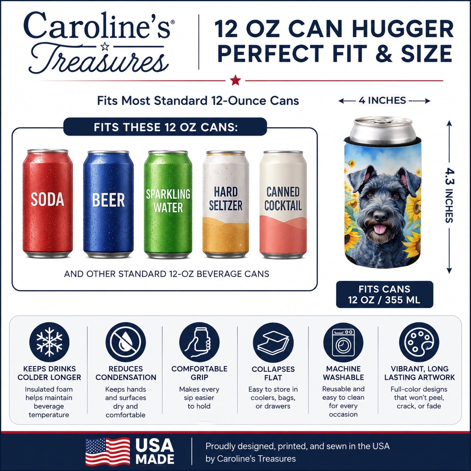 Kerry Blue Terrier in Sunflowers Can or Bottle Hugger Cooler Sleeve for Standard 12 oz Cans, Insulated Foam Beer & Soda Can Hugger Reusable