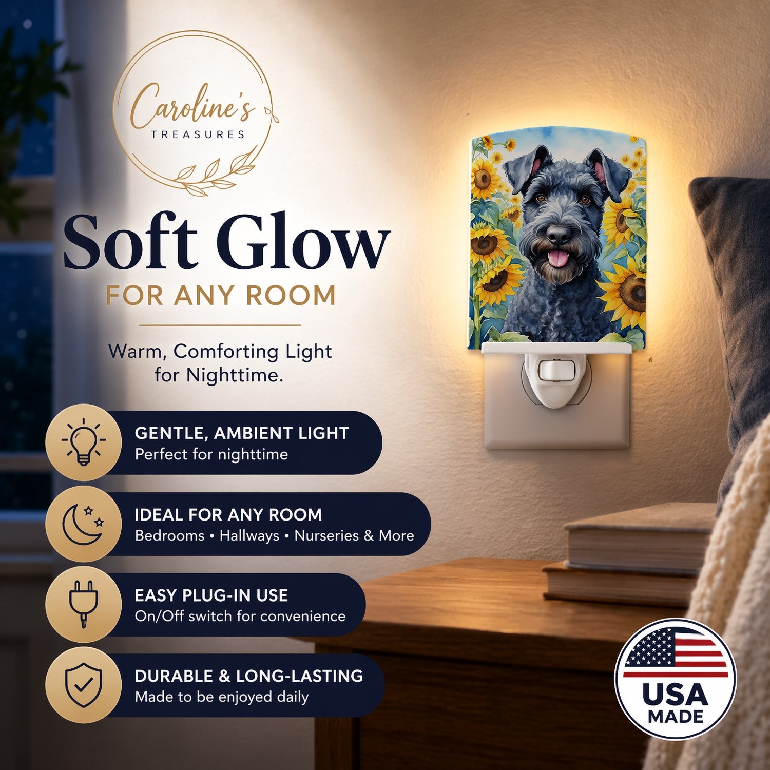 Kerry Blue Terrier in Sunflowers Ceramic Night Light Compact, UL-Certified, Ideal for Bedroom, Bathroom, Nursery, Hallway, Kitchen, 6x4x3, Multicolor