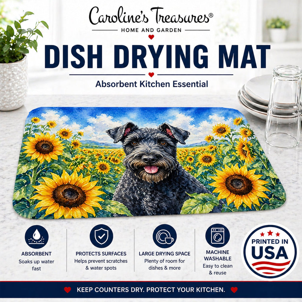 Kerry Blue Terrier in Sunflowers Dish Drying Mat Absorbent Dish Drying Mat Pad for Kitchen Counter Dish Drainer Mat for Countertop, 14 x 21", Multicolor