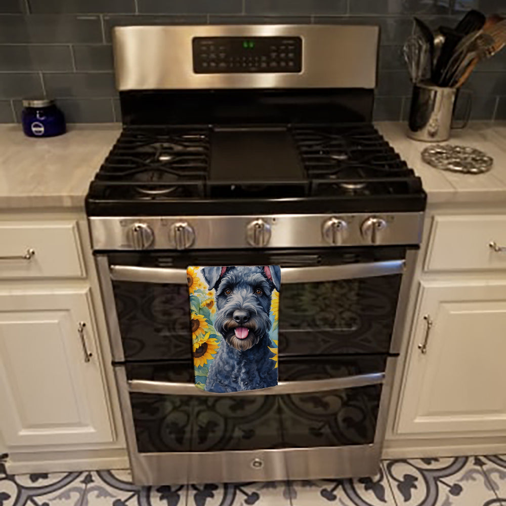 Kerry Blue Terrier in Sunflowers Kitchen Towel Velour Plush Front and Cotton Loop Back Machine Washable