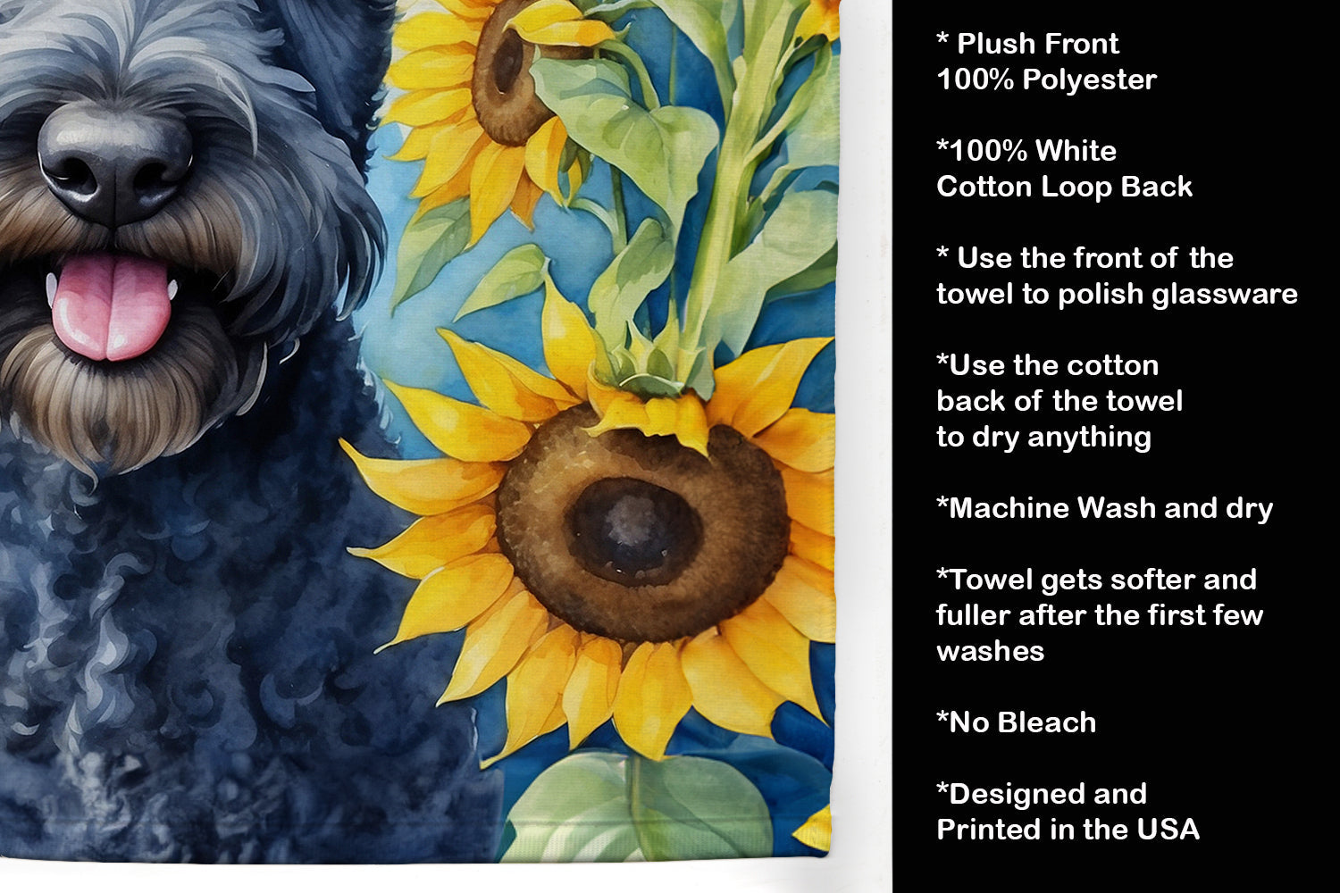 Kerry Blue Terrier in Sunflowers Kitchen Towel Velour Plush Front and Cotton Loop Back Machine Washable