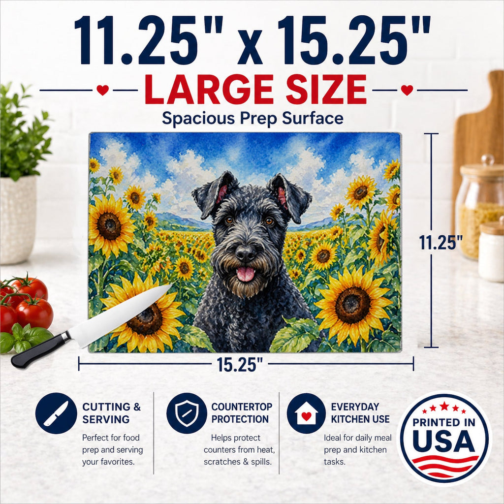 Kerry Blue Terrier in Sunflowers Cutting Board Tempered Glass Kitchen Cutting Surface, Heat Resistant Chopping Board with Non-Slip Feet, Decorative Food Prep & Serving