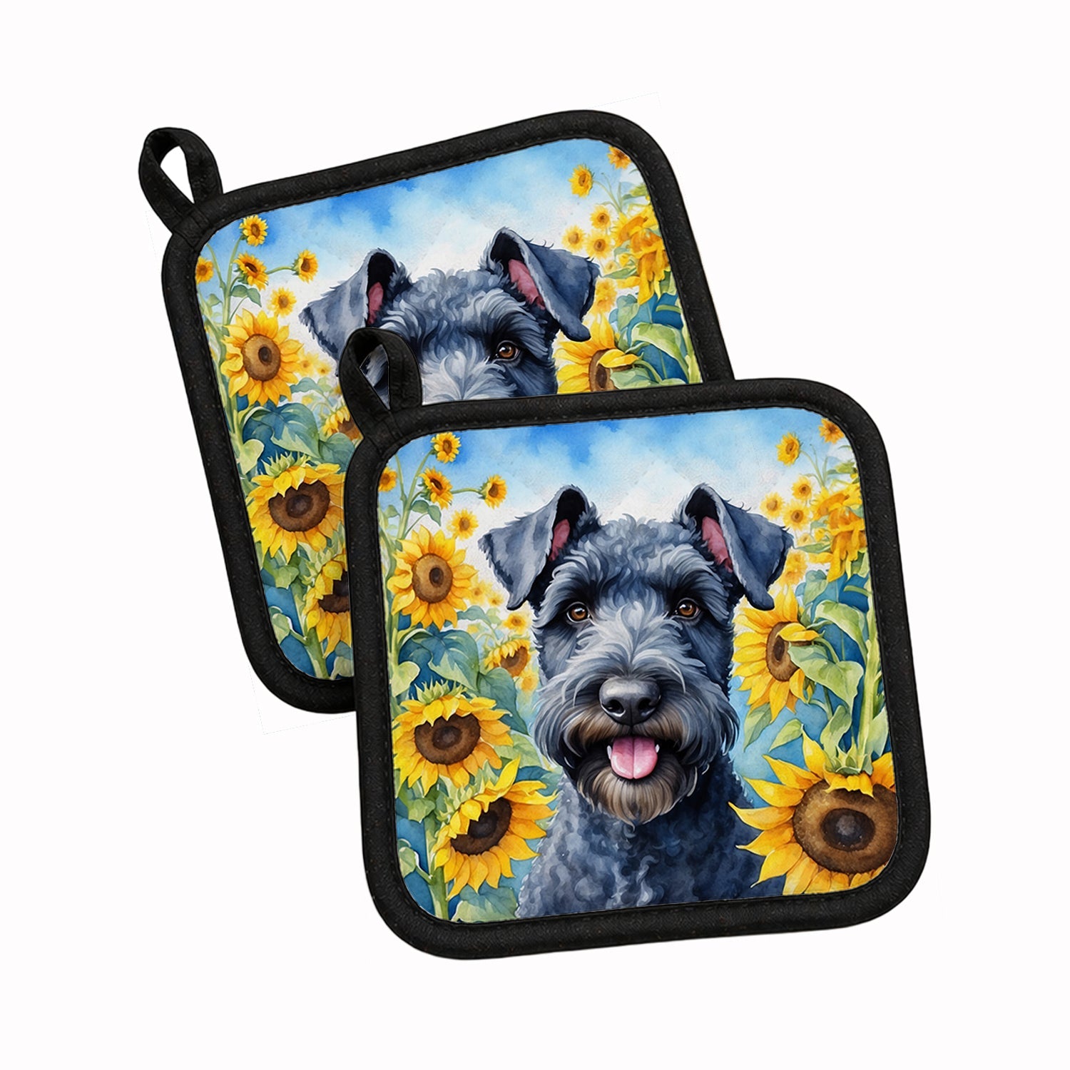 Kerry Blue Terrier in Sunflowers Pot Holder Set of 2 Heat Resistant Quilted Hot Pads 7.5 x 7.5 Inch, Insulated Kitchen Trivets for Cooking & Baking