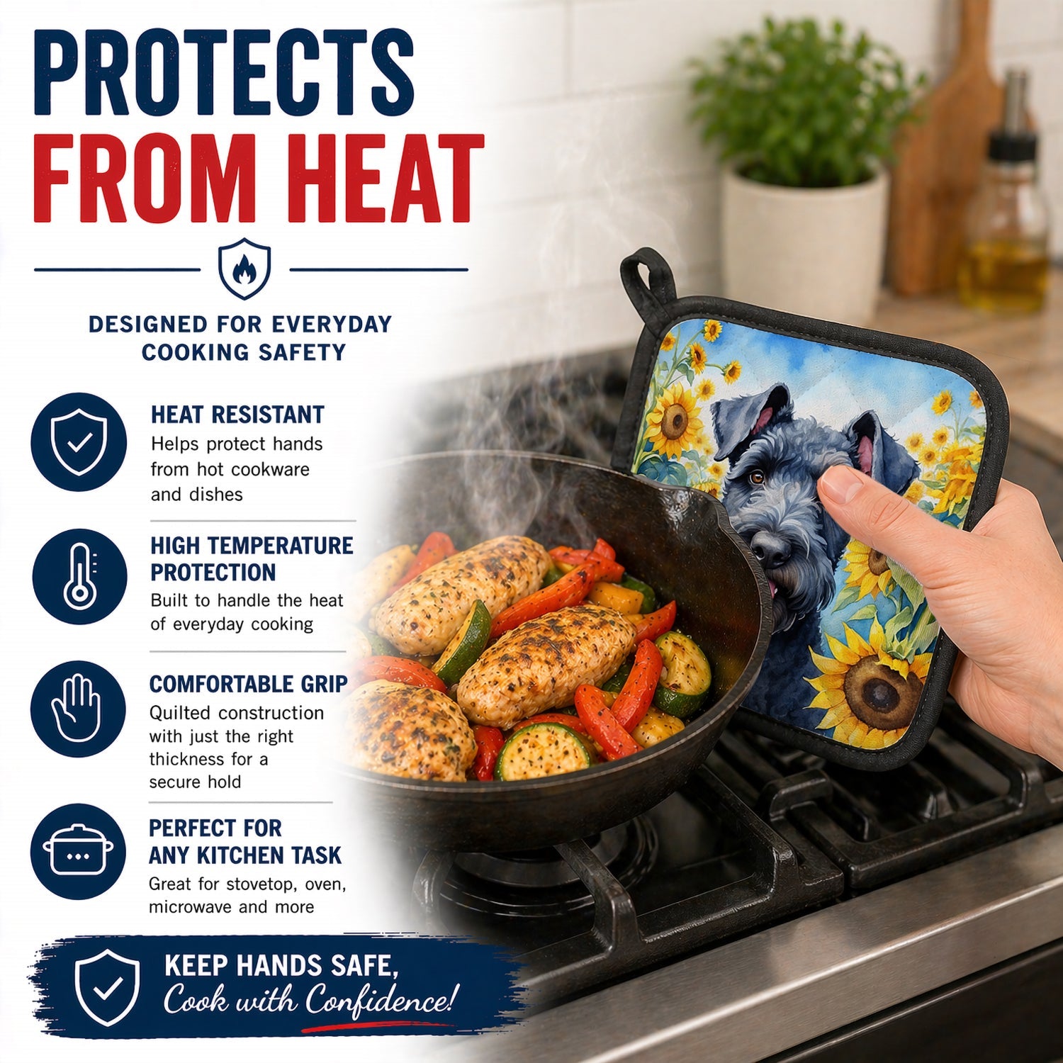Kerry Blue Terrier in Sunflowers Pot Holder Set of 2 Heat Resistant Quilted Hot Pads 7.5 x 7.5 Inch, Insulated Kitchen Trivets for Cooking & Baking