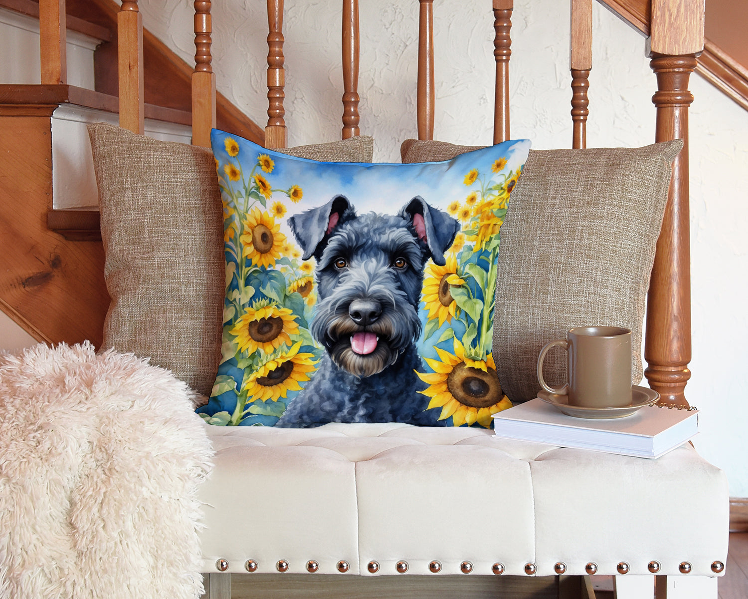 Kerry Blue Terrier in Sunflowers Decorative Throw Pillow 14x14 Indoor Outdoor Accent Cushion, Fabric Cover with Insert for Sofa, Bed, Porch & Living Room