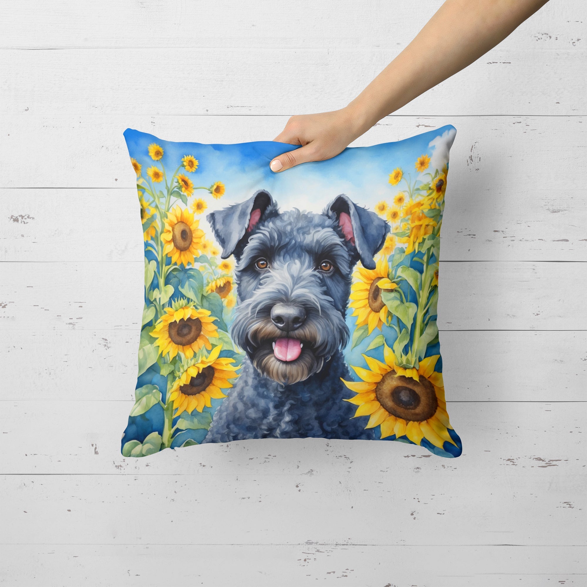 Kerry Blue Terrier in Sunflowers Decorative Throw Pillow 18x18 Indoor Outdoor Accent Cushion, Fabric Cover with Insert for Sofa, Bed, Porch & Living Room