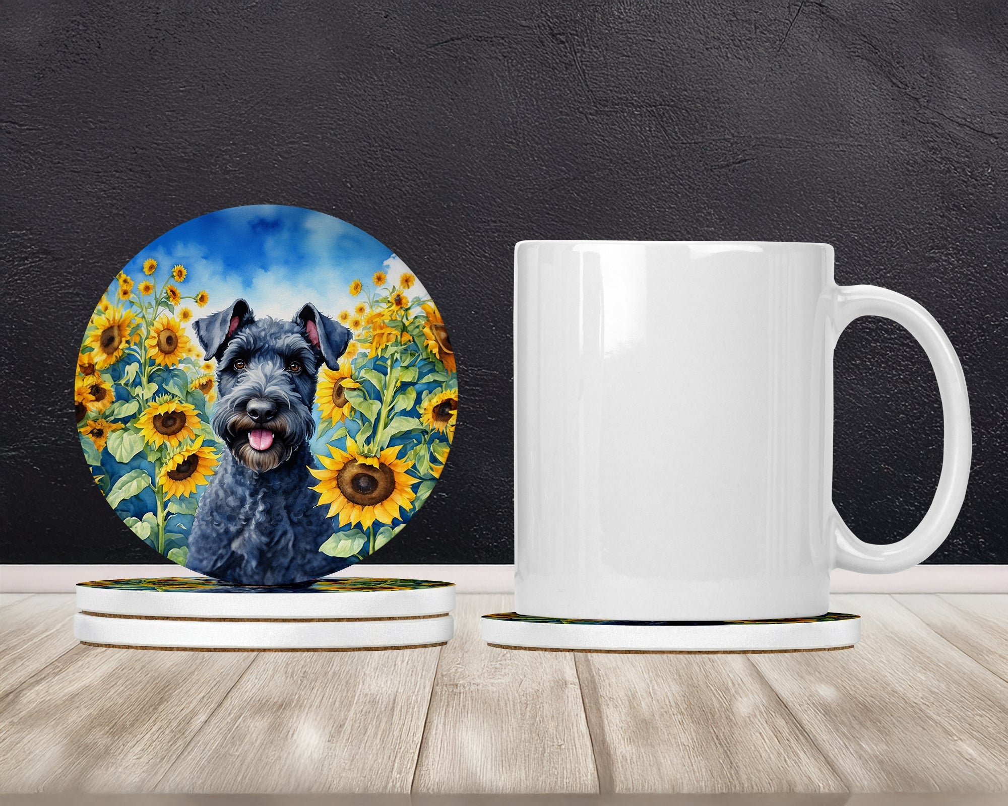 Kerry Blue Terrier in Sunflowers Large Sandstone Coasters Pack of 4 Absorbent Round Coasters Decor Gifts for Men or Women, 4 in, Multicolor