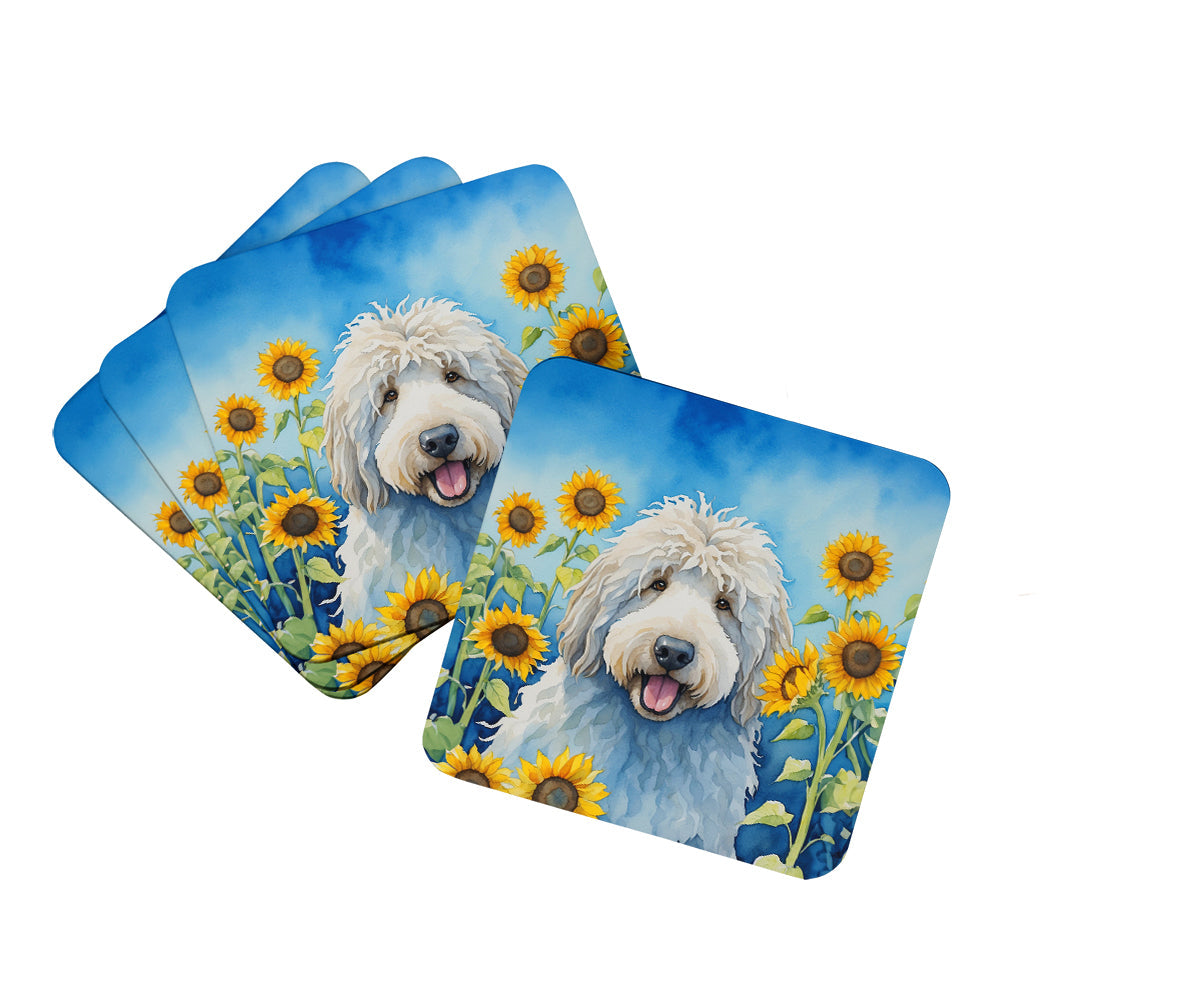 Komondor in Sunflowers Foam Coasters Set of 4 Cup Coasters for Indoor Outdoor, Tabletop Protection, Anti Slip, Mouse pad Material