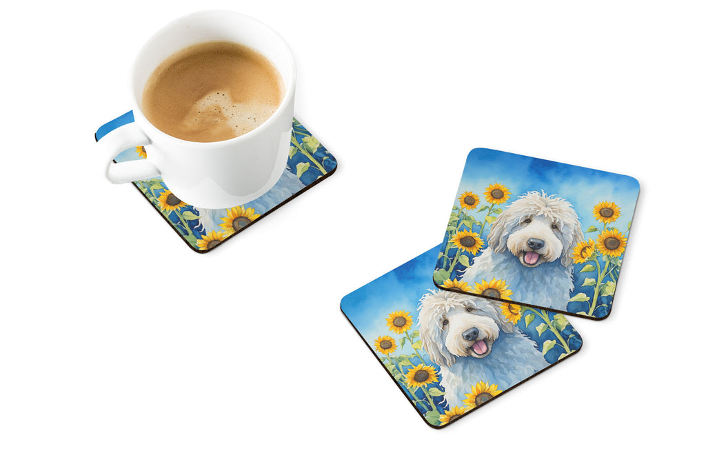 Komondor in Sunflowers Foam Coasters Set of 4 Cup Coasters for Indoor Outdoor, Tabletop Protection, Anti Slip, Mouse pad Material