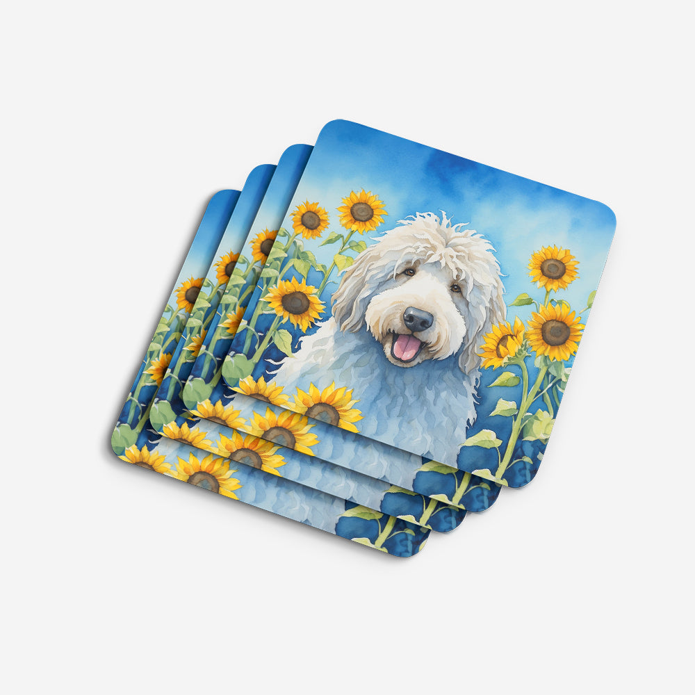 Komondor in Sunflowers Foam Coasters Set of 4 Cup Coasters for Indoor Outdoor, Tabletop Protection, Anti Slip, Mouse pad Material