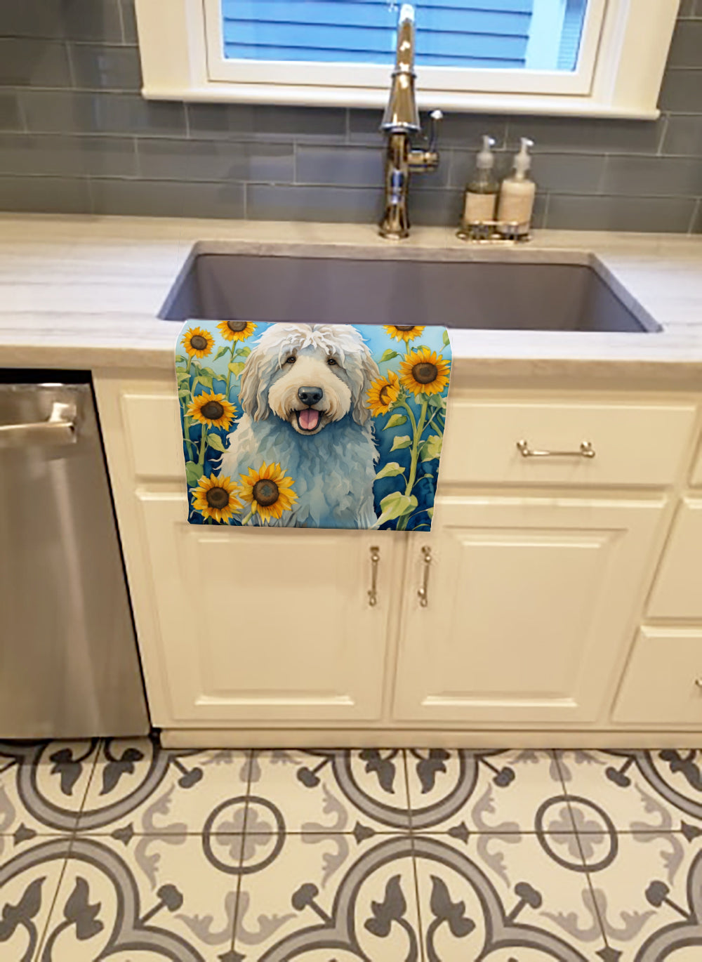 Komondor in Sunflowers Kitchen Towel Velour Plush Front and Cotton Loop Back Machine Washable