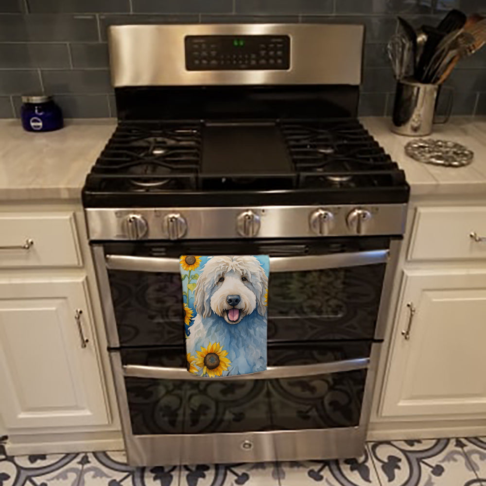 Komondor in Sunflowers Kitchen Towel Velour Plush Front and Cotton Loop Back Machine Washable