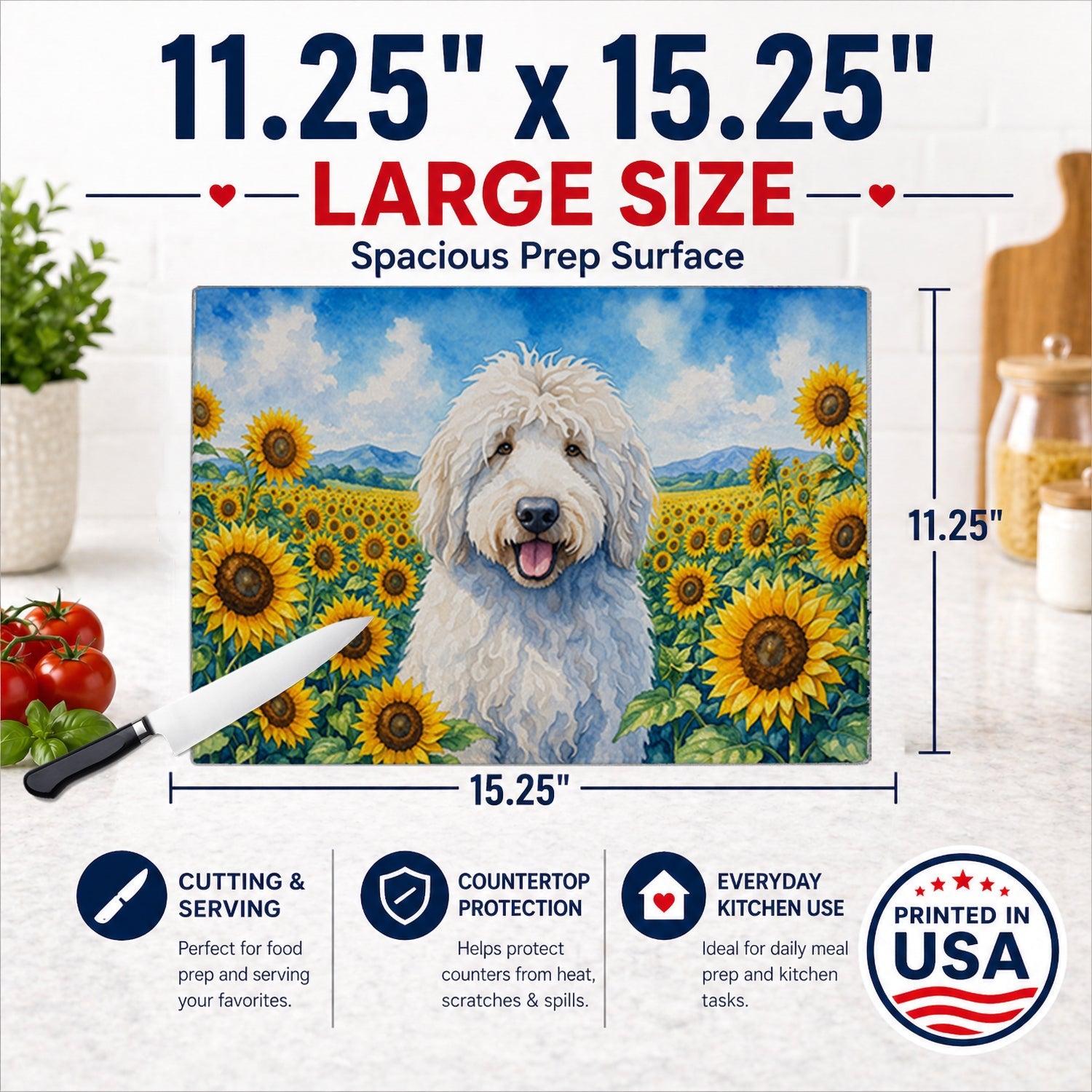 Komondor in Sunflowers Cutting Board Tempered Glass Kitchen Cutting Surface, Heat Resistant Chopping Board with Non-Slip Feet, Decorative Food Prep & Serving