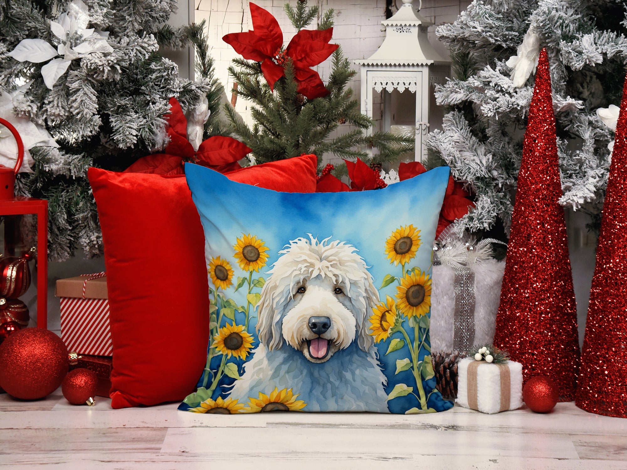 Komondor in Sunflowers Decorative Throw Pillow 14x14 Indoor Outdoor Accent Cushion, Fabric Cover with Insert for Sofa, Bed, Porch & Living Room