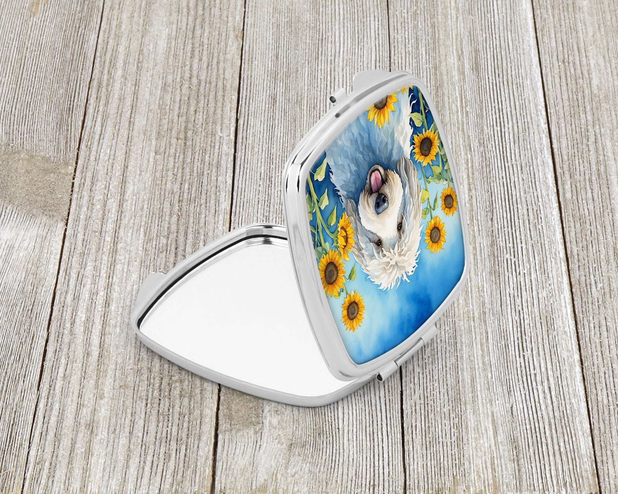 Komondor in Sunflowers Compact Mirror Decorative Travel Makeup Mirror for Women Girls Gifts Pocket Makeup Mirror Folding Handheld