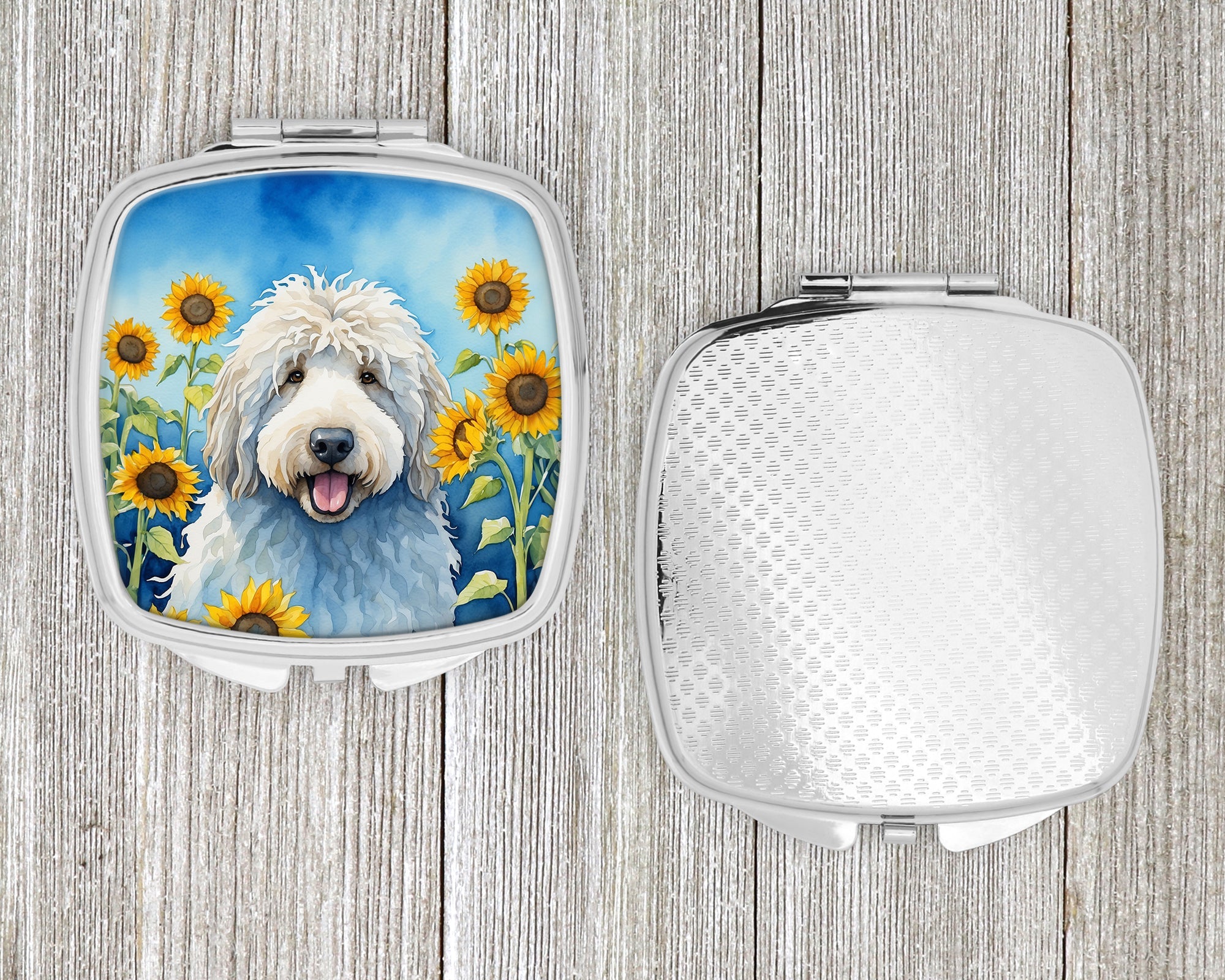 Komondor in Sunflowers Compact Mirror Decorative Travel Makeup Mirror for Women Girls Gifts Pocket Makeup Mirror Folding Handheld