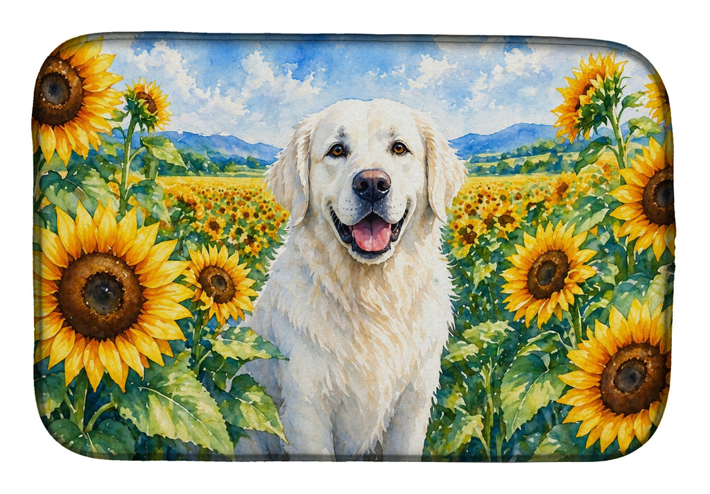 Kuvasz in Sunflowers Dish Drying Mat Absorbent Dish Drying Mat Pad for Kitchen Counter Dish Drainer Mat for Countertop, 14 x 21", Multicolor